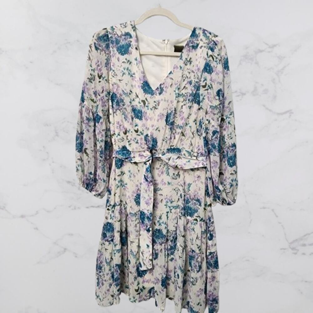 Taylor Belted Floral Tiered Dress Size 10 Gold Metallic Flecks Blue Lavender
